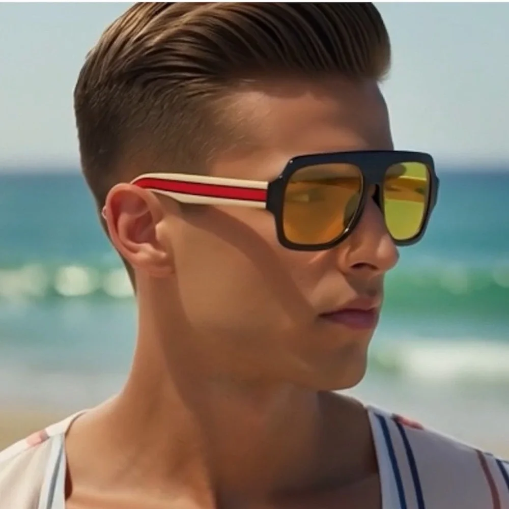 Sunglasses Yellow‎ Lens Black Frame Striped Arm Fashion Sun Glasses Lentes Gafas